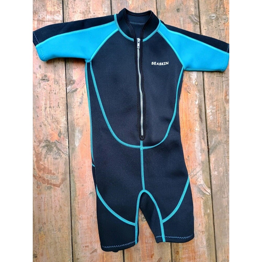 Seaskin Wetsuit Boys/Girls Shorty Diving Suits Front Zipper Black/Aqua 6